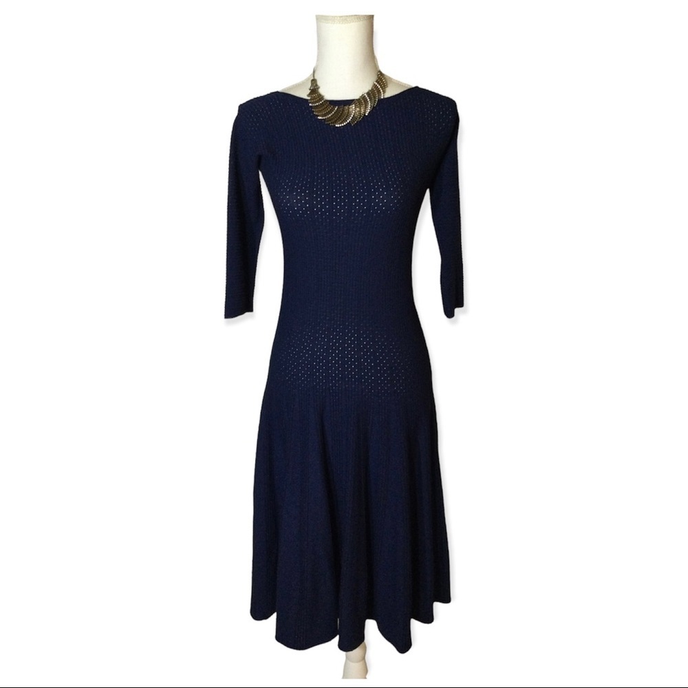 Emporio Armani Women's Size US Medium EU 42 Pleated Knit Career Dress Navy Blue
